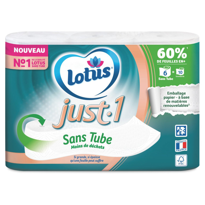 Papier toilette Just 1 Sans Tube 5 Épaisseurs 60% De Feuilles En Plus Fabriqué En France FSC LOTUS